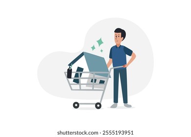 Illustration symbolizing the concept of home and mobility, featuring a house being delivered or transported, representing real estate flexibility, modern housing solutions, and property services.