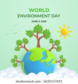 Ilustração simbolizando a consciência ambiental para o Dia Mundial do Meio Ambiente. Apresenta árvores no topo da Terra cercadas por nuvens, um céu azul claro, um sol brilhante e pássaros voadores.