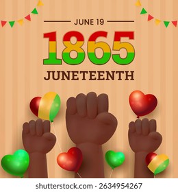 Illustration symbolizing Juneteenth with raised fists, balloons, and a banner commemorating representing freedom and celebration.
