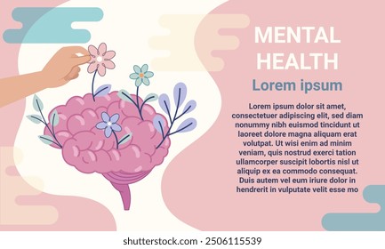 An illustration symbolizing mental health and growth, featuring hands holding a brain with blooming flowers, set against a soothing background. Ideal for content focused on therapy, mental wellness