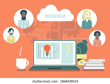 Illustration symbolizing online webinar. Online training for people from different parts of the world.