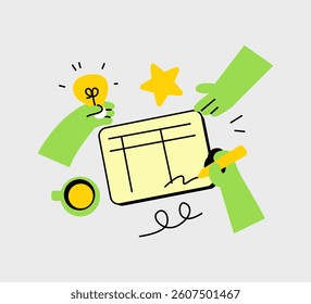 Illustration symbolizing teamwork and the generation of innovative ideas. Conceptual representation of collaboration, planning and strategic thinking in a creative setting.