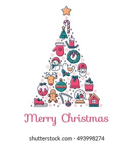 Illustration of symbols christmas items icon. Xmas tree concept made in line style vector. Illustration for poster and header, banner, icons and other flat design web elements
