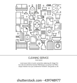 Illustration of symbols cleaning items icon. Cleaning service concept made in line style vector. Illustration for poster and header, banner, icons and other flat design web elements