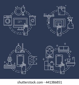 Illustration of symbols cleaning items icon. Cleaning service concept made in line style vector. Illustration for poster and header, banner, icons and other flat design web elements