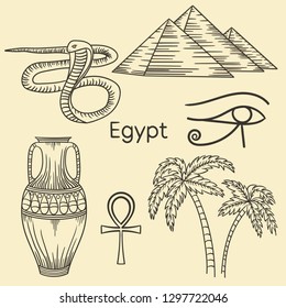Illustration with symbols of Egypt.Pyramids, cobra, egyptian signs, palm trees and Egyptian vase.