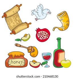 Illustration of Symbols of Rosh Hashanah. Jewish new year. Cartoon, vector, line art. Isolated on white. 