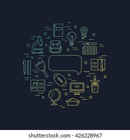 Illustration of symbols school objects and college items. Education and learning concept made in line style vector. Illustration for poster and header, banner, icons and other flat design web elements