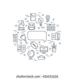 Illustration of symbols school objects and college items. Education and learning concept made in line style vector. Illustration for poster and header, banner, icons and other flat design web elements