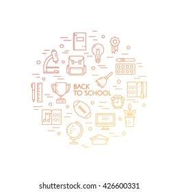 Illustration of symbols school objects and college items. Education and learning concept made in line style vector. Illustration for poster and header, banner, icons and other flat design web elements