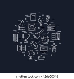 Illustration of symbols school objects and college items. Education and learning concept made in line style vector. Illustration for poster and header, banner, icons and other flat design web elements