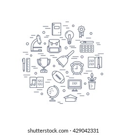 Illustration of symbols school objects and college items. Education and learning concept made in line style vector. Illustration for poster and header, banner, icons and other flat design web elements