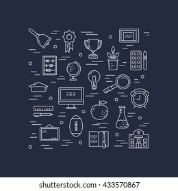 Illustration of symbols school objects and college items. Education and learning concept made in line style vector. Illustration for poster and header, banner, icons and other flat design web elements
