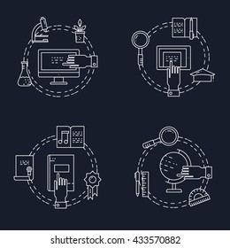 Illustration of symbols school objects and college items. Education and learning concept made in line style vector. Illustration for poster and header, banner, icons and other flat design web elements