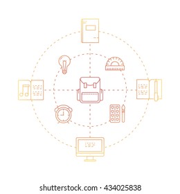 Illustration of symbols school objects and college items. Education and learning concept made in line style vector. Illustration for poster and header, banner, icons and other flat design web elements