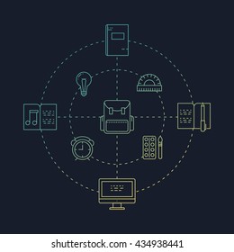 Illustration of symbols school objects and college items. Education and learning concept made in line style vector. Illustration for poster and header, banner, icons and other flat design web elements