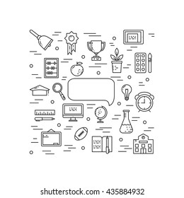 Illustration of symbols school objects and college items. Education and learning concept made in line style vector. Illustration for poster and header, banner, icons and other flat design web elements
