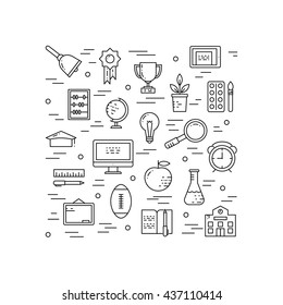 Illustration of symbols school objects and college items. Education and learning concept made in line style vector. Illustration for poster and header, banner, icons and other flat design web elements