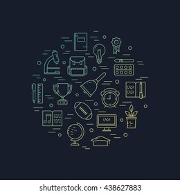 Ilustración de símbolos objetos escolares y objetos del colegio. Concepto de educación y aprendizaje realizado en vectores de estilo lineal. Ilustración de carteles y cabeceras, banners, iconos y otros elementos web de diseño plano