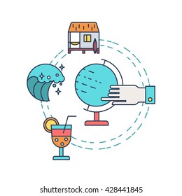 Illustration of symbols summer objects and surfing items. Summer concept made in line style vector. Illustration for poster and header, banner, icons and other flat design web elements