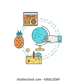 Illustration of symbols summer objects and surfing items. Summer concept made in line style vector. Illustration for poster and header, banner, icons and other flat design web elements