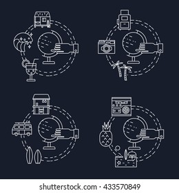 Illustration of symbols summer objects and surfing items. Summer concept made in line style vector. Illustration for poster and header, banner, icons and other flat design web elements