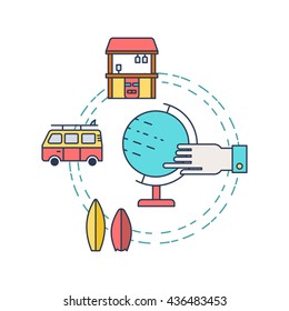 Illustration of symbols summer objects and surfing items. Summer concept made in line style vector. Illustration for poster and header, banner, icons and other flat design web elements