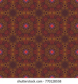 Illustration with symmetrical design. Kaleidoscope backdrop. Vector seamless pattern with different geometrical shapes in yellow, red and brown colors.