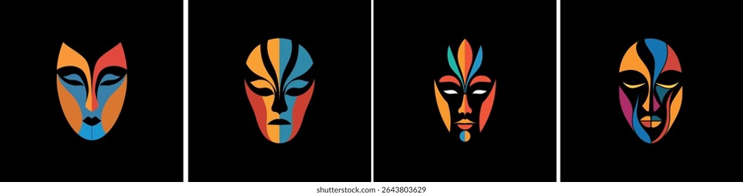 Illustration symmetrical mask colorful abstract icon collection.