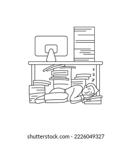 Illustration syndrome stress at business. Character littered paperwork in doodle style. Sleeping employee under desk in office health at work problems. Vector lettering burnout at office. 