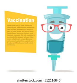 Illustration of a syringe. Glasses, character. Vaccination. Vector. Cartoon character. Isolated. Flat.