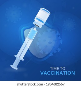 Illustration Of Syringe Needle Inside Medicine Bottle With Security Shield On Blue Background For Time To Vaccination.