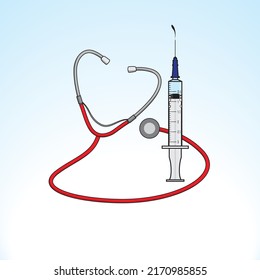 Illustration of a syringe and a stethoscope on a light blue gradient background