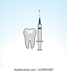 Illustration of a syringe and a tooth on a light blue gradient background