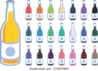 Illustration of syrup water bottles with liquid contents in various colors.