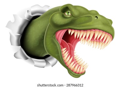 An illustration of a T Rex, Tyrannosaurus Rex dinosaur ripping through a wall