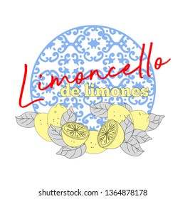 Illustration for t shirt print and design. Lemons with decorative plate with ornaments. Limoncello made from lemons.