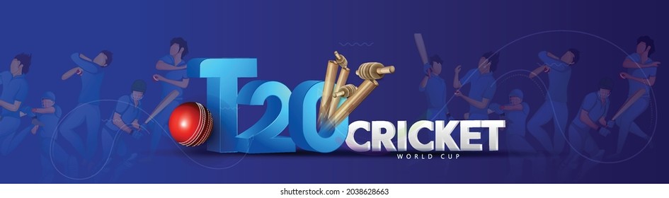 illustration of T20 Cricket, Batsman playing cricket with cricket ball, wicket stumps on blue background, banner, poster