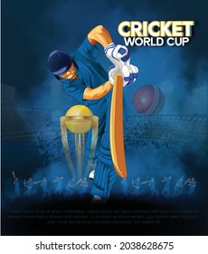 illustration of T20 Cricket, Batsman playing cricket with cricket ball, wicket stumps on blue background, banner, poster