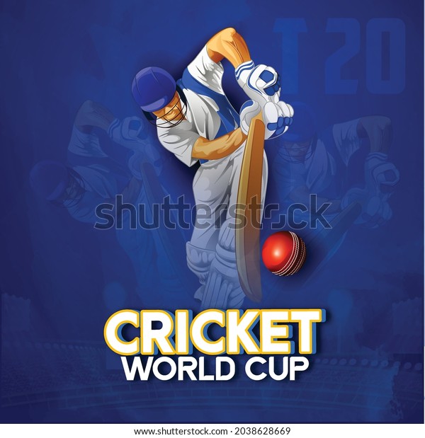 illustration of\
T20 Cricket, Batsman playing cricket with cricket ball, wicket\
stumps on blue background, banner,\
poster