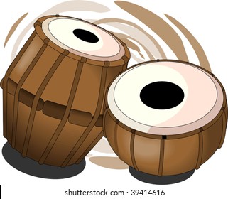 Illustration of a tabala, an Indian music instrument with music notes	