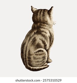 Illustration of a tabby cat from behind, showing its striped fur. The tabby cat sits, displaying its detailed stripes. A calm tabby cat in a sitting pose. Isolated vintage vector element.