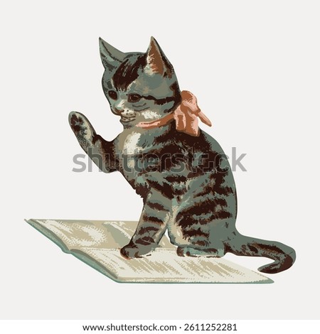Illustration of a tabby cat with a pink bow sitting on an open book, raising a paw. The cat appears playful and curious, with a vintage artistic style. Vintage animal illustration vector.