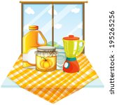 Illustration of a table with a blender and containers on a white background