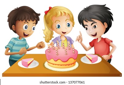 Illustration of a table with cake surrounded by three kids on a white background