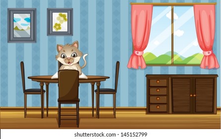 Ilustración de una mesa con un gato leyendo