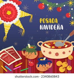 Illustration of a table in a "Christmas posada"(text) in Mexico. Traditional elements such as the piñata, punch, litany and candles to ask for posada.