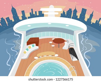 Illustration of a Table, Couch and Jacuzzi on a Yacht Near the City