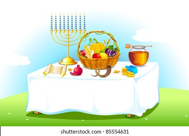 illustration of table decorated with honey and fruit for sukkot