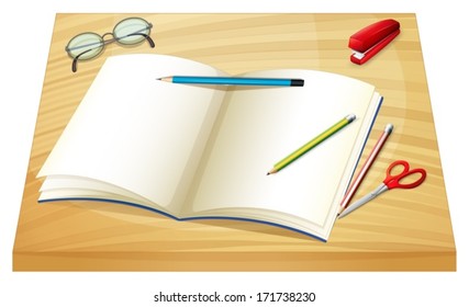 Illustration of a table with an empty notebook, pencils, stapler and a scissor on a white background